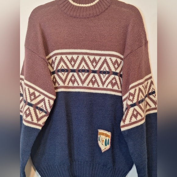 Vintage McGregor Pullover Sweater Fair Isle Ski Patch Large Navy White Mauve 90s - Picture 8 of 12